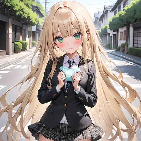  1 high school girl、(green eyes:1.5),(very shy:1.5)、(blush:1.5),( beige long hair:1.5)、( straight hair),(no ear:1.5),( small breasts:1.1)、(Black blazer:1.1)、(Regular necktie:1.1)、( black plaid mini skirt:1.1)、forward hands,((holding panties:1.5)),Residenti...