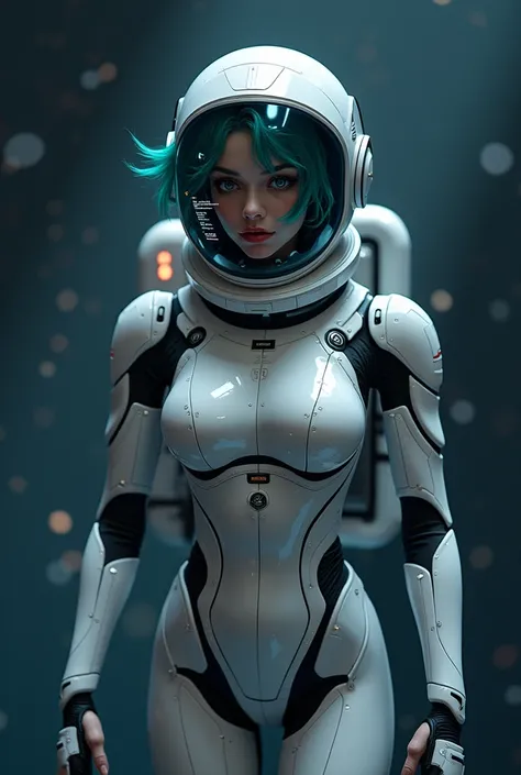 High Resolution, Breasts, Short and cyan Hair, A  , white, girl wearing a robotic full-body space suit with helmet covering the entire head including the hair and info being shown on its visor as a display but the helmet is opaque from outside but the info...