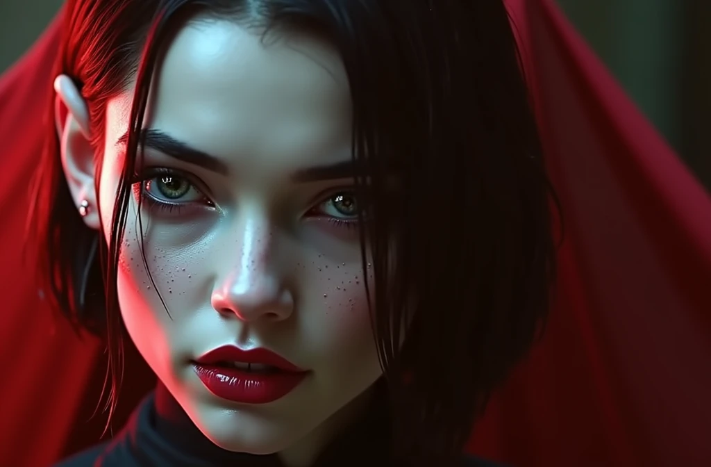 (High quality: 1.3), cinematic shot, masterpiece, (sharp focus: 1.5), (photorealistic: 1.3), medium portrait of (a beautiful young vampire woman, pale skin, gothic, still proud and fierce, straight black short bob hair, dark look, dressed in a highly detai...