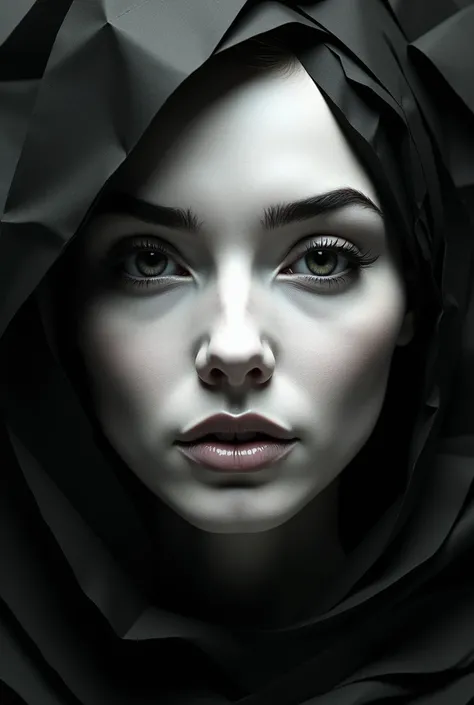 a womans face made of folded white and black paper sheets, detailed facial features, beautiful eyes and lips, realistic, photorealistic, 8k, high quality, intricate paper art, detailed shadows and highlights, dramatic lighting, moody atmosphere, black and ...