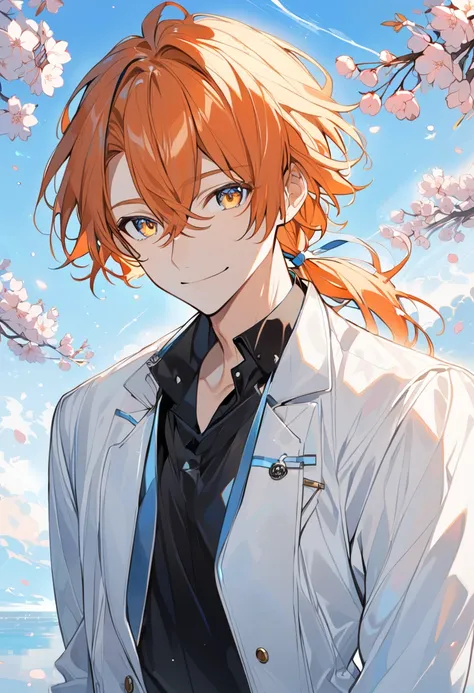  handsome, Alone, 1 male,  medium hair up to buttocks,  low ponytail ,  bright orange hair, hazel eyes,  black shirt, White jacket, Light Blue Ribbon , smiles,blue sky, face forward, watch viewers,cherry blossoms