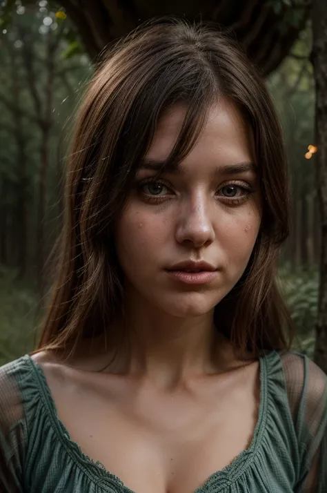 ((((25-years-old Sarah R. R. Smithson face close-up.)))) A young 25-years-old girl warrior named stands in a mystical forest at twilight, surrounded by a swarm of fireflies  as they dance through the misty air. The atmosphere is alive with magic and wonder...