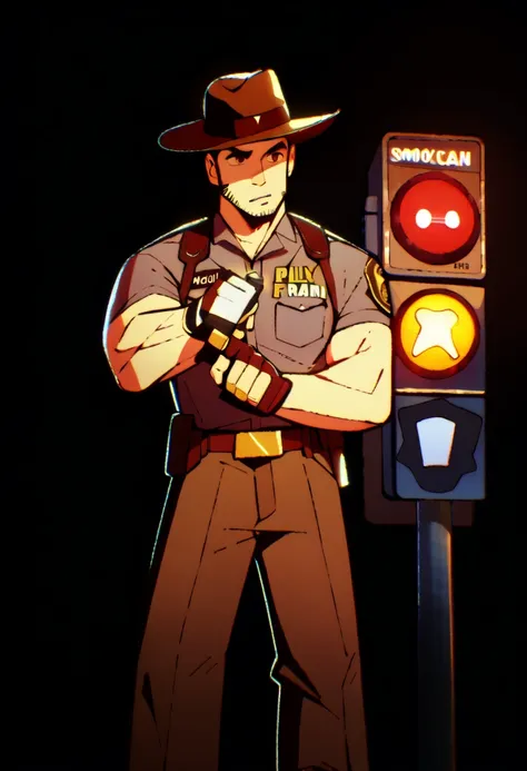 a man in cowboy hat holding gun and standing next to traffic light, police man!!, gay, in billy herrington body, macho pose, jesse mccree, police officer, policeman, homoerotic!!, cowboy shot, officer, cowboy, tom finland, gigachad muscular, tom of finland...