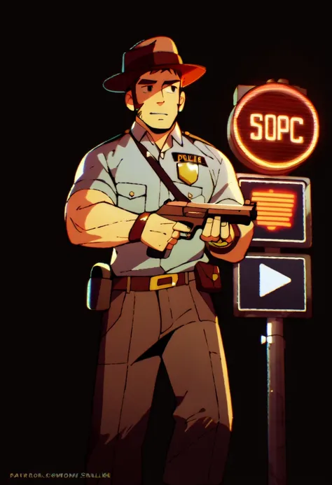 a man in cowboy hat holding gun and standing next to traffic light, police man!!, gay, in billy herrington body, macho pose, jesse mccree, police officer, policeman, homoerotic!!, cowboy shot, officer, cowboy, tom finland, gigachad muscular, tom of finland...