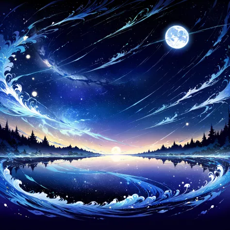  A painting where a river intersects with the stars and the moon,  Conceptual Art Inspired by Mitsuoki Tosa ,  pixiv contest winner ,  top quality, Fantasy Art, Beautiful anime scenes, Full Moon ,  starry sky  environment in the moonlight,  Dream Paintings...