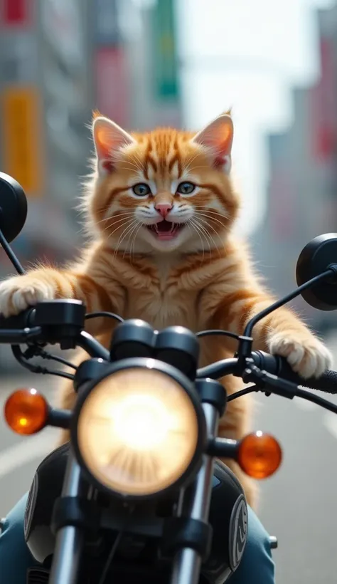 Cute kittens ride motorbikes like humans 　 My fellow kittens ride motorbikes and run around　Realistic depiction　photograph　smile　anthropomorphic kitten 　　Real kitten　　(((可愛いsmile:1.6)))　Shinjuku in Tokyo