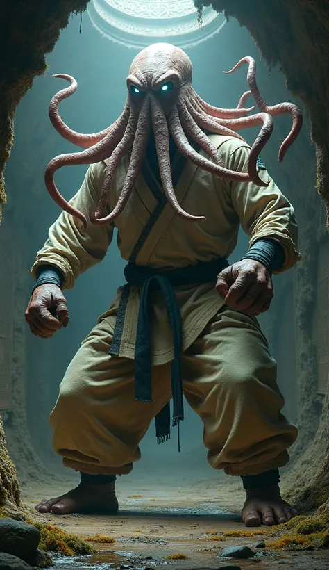 A giant humanoid squid wearing a jiu jitsu suit 