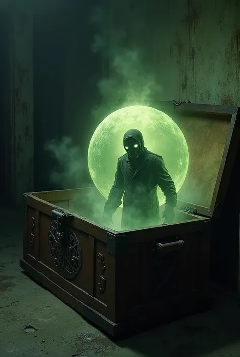 In a dimly lit, old basement, a rusted wooden chest sits in the corner, its surface covered in thick layers of grime and mysterious, creeping symbols carved into the lid. The chest is slightly open, revealing an eerie, glowing orb inside. The orb pulsates ...