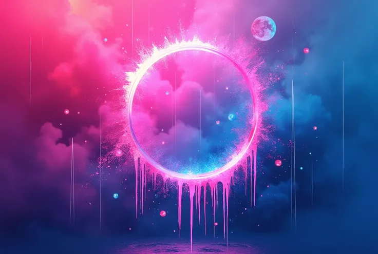  

The background is a colorful gradient split between pink and blue, with a glowing halo effect in the center. Subtle dripping patterns and radial textures enhance the energy and vibrancy of the composition. The design overall exudes an edgy, chaotic, and...