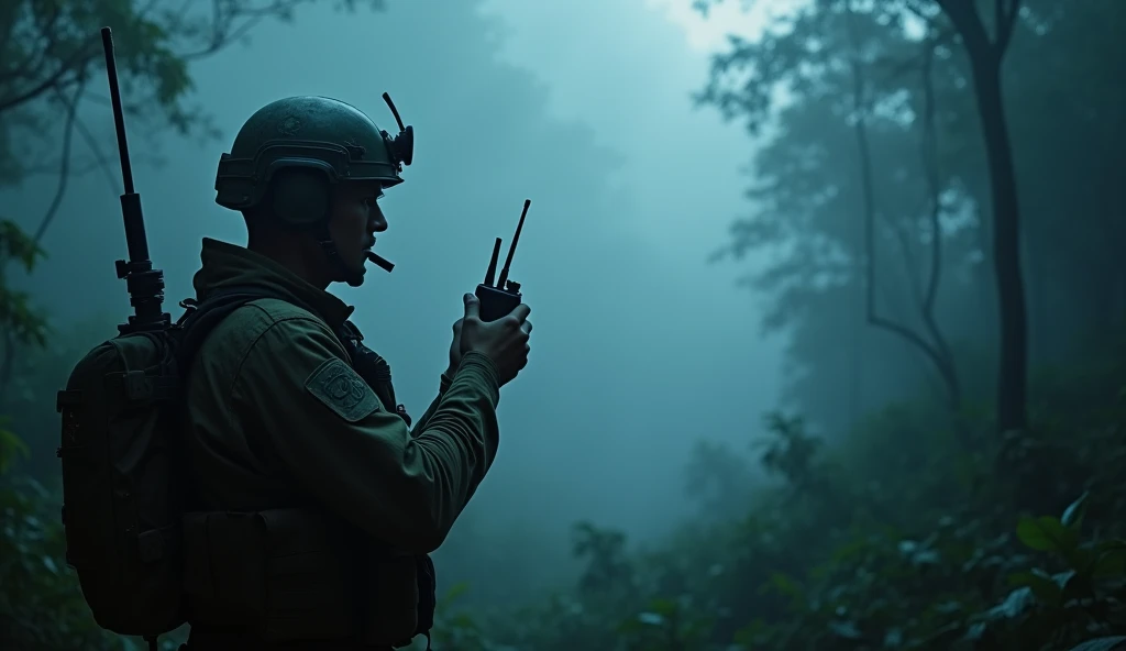 4kuhd image of a soldier in jungle night time scary silent abandoned , with a radio in hand from which sound waves coming are visible , eerie mist fog