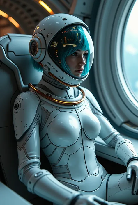 High Resolution, Breasts, Short and cyan Hair, A 20 years old, 64, white, girl wearing a robotic full-body space suit with helmet covering the entire head including the hair and info being shown on its visor as a display but the helmet is opaque from outsi...