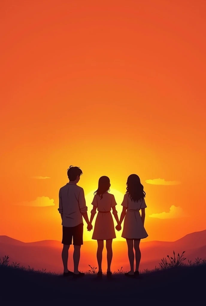  Show the silhouettes of three people holding hands,  looking at a horizon at sunset .  be Add space for text in the center , with minimalist style , Where will the synopsis .