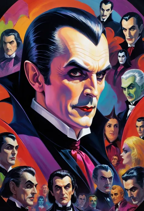 Colorful painting of Count Dracula,Composition in the piece，Front character ， movie records ，Close-up of people， close-up extremo,  Halloween-themed aesthetic ,  Nicolas Samori style 