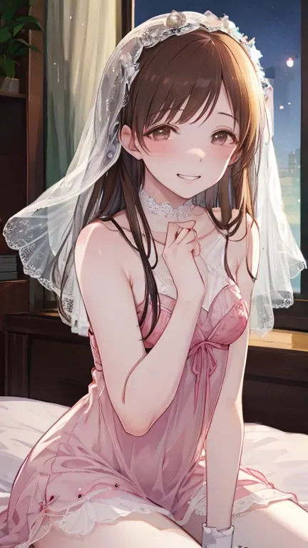 Highest quality、high resolution、High definition、HD、((A luxury hotel room、Indirect lighting、Late Night))、(((Nitta Minami)))、Long Hair、Medium chest、Brown Hair、Brown eyes、(((Grin,  Seductive Smile ))), Glossy lips、Glowing Skin、Realistic skin texture、(((frilly...