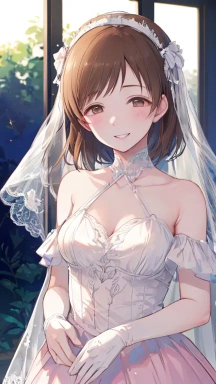 Highest quality、high resolution、High definition、HD、((A luxury hotel room、Indirect lighting、Late Night))、(((Nitta Minami)))、Long Hair、Medium chest、Brown Hair、Brown eyes、(((Grin,  Seductive Smile ))), Glossy lips、Glowing Skin、Realistic skin texture、(((frilly...