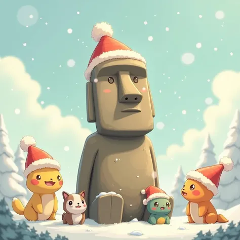  cute Moai statue characters、
Playing with Pokemon-like animals
Wear a Santa hat、
beautiful winter scenery、
 with a charming anime-style touch、

