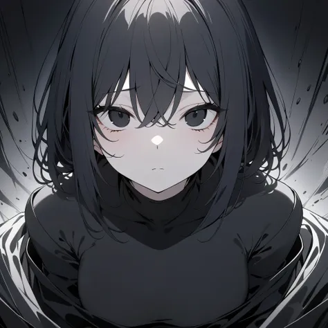 (highest quality, masterpiece), 1 girl, high details, off shoulder, short hair girl, dark hair, pitch black eyes, emotionless, bang so much longer than eyes, Bang between eyes, Shoulder length hair, pitch black hair and pitch black eyes