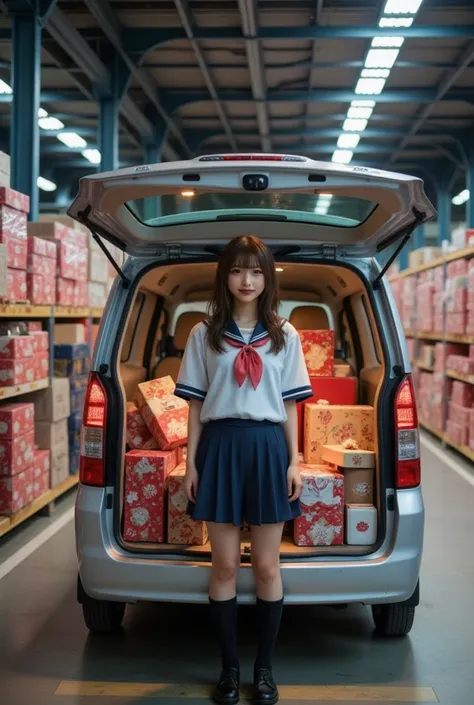 documentary photo, ultra-realistic, photorealistic, dramatic scene, shadow, global-illumination, she is Japanese high school student girl, she is showing her cheerful smile, detailed face skin texture, wearing a sailor uniform, she is opening the rear hatc...