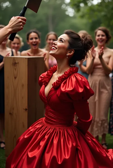 (realistic photograph sideways close up), (a surprised happy beautiful Caucasian lady with (messy hair bun), she is down on the ground and wearing a (excessive shiny red silk gown with (long gigantic puff sleeves), (and with an ultra high tight stand-up co...