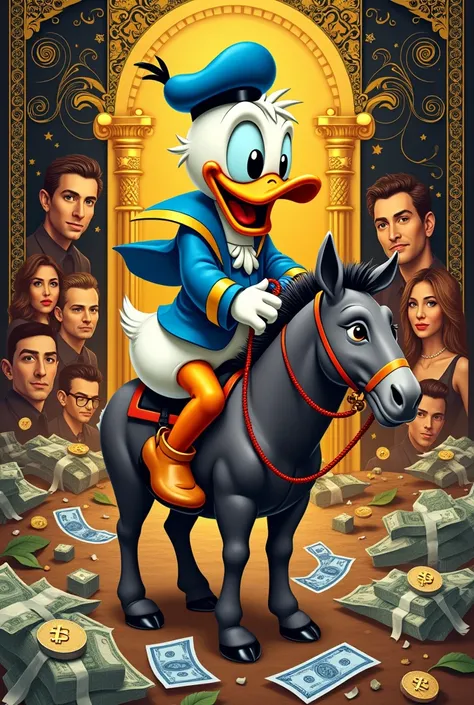  picture with Donald Duck and in the background various celebrities who have banknotes everywhere. also a Bitcoin sign and dollar sign .In the painter style of Gustav Klimt . in pop art style in strong colors and gold . Aich should an American Express card...