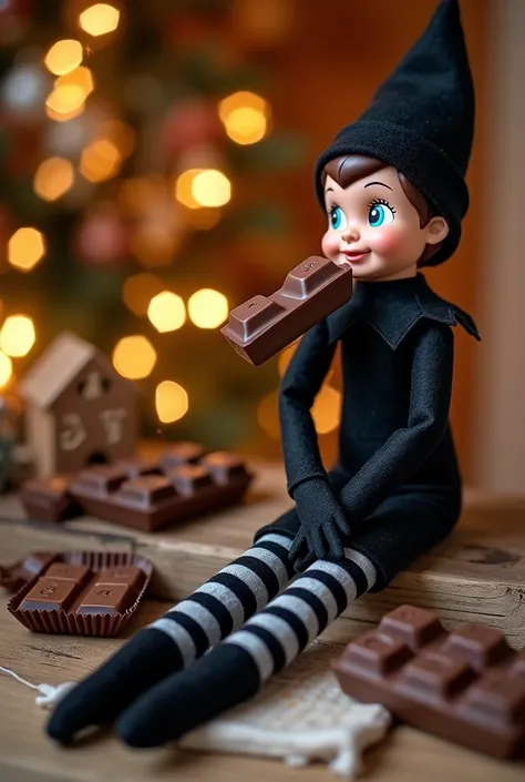 On the picture there is an elf on the shelf who dressed in black outfit with black boots and gloves. Wears gray striped leggings and eating chocolate. Surrounding the elf there are chocolate papers and more chocolate. In the background there are christmas ...