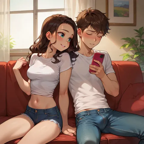 score_9, score_8_up, score_7_up, score_6_up, (cowboy shot), a hetero couple, BREAK, 1boy, (young, playing on his phone, jeans and t-shirt, medium crotch bulge), BREAK, 1girl, (young, female, slender slutty girl, brunette, wavy hair, cute and loli, tight de...