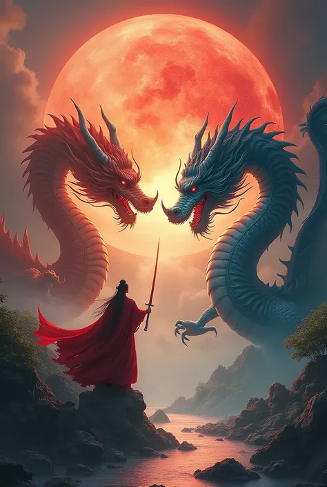 ภาพระยะใกล้ของดาบที่มีdragonสองตัว, Double Sword, chinese dragon fighting, , The battle between good and evil,  Symmetrical Fantasy Art , การต่อสู้กับdragon, dragon,  Two Swords ,  good vs evil ,  use two magic swords , ศิลปะแนวคิดdragonจีน, ต่อสู้กับdrago...