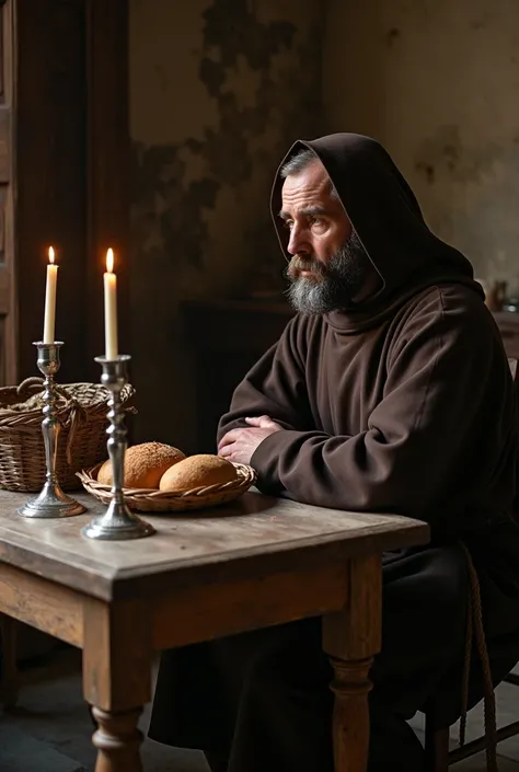  capuchin friars in brown robes and a rope tied around their waist, wearing brown Franciscan sandals ,  seated before an antique wooden table , worried,  in an old kitchen of an old Italian chapel ,  on the table a basket with only 2 breads ,  and an antiq...