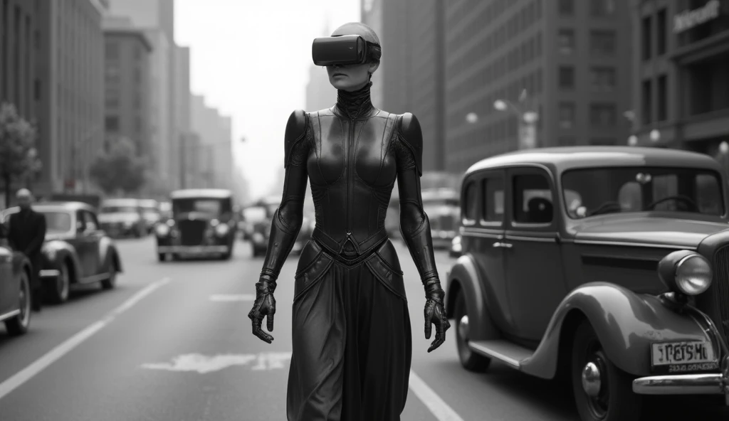 High quality photo. Hyperrealistic. 16K. Low angle. Retro. New York, 1930. Super-technological, half-woman, half-robot, walking down the street at full height. She has plastic armor on her head and virtual reality glasses. The robot is about 2 meters talle...