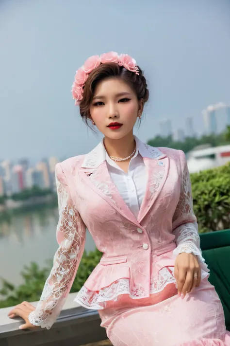 A Korean man in ladies vintage suit dress, he is crossdresser, big breasts like a woman, slender female body, His hairstyle is short and manly, white and pink, long sleeves, Rich lace and frills, cropped jacket, mermaid skirt, tweed, sit quietly