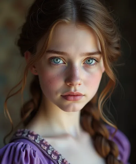  Show me a close up of a girl of approximately s,  of white skin, brown hair and tremendously blue eyes , a solemn and angelic look . NORDIC BEAUTY, Scandinavian, bee,  wearing a beautiful tight purple dress from the 1820 era Norway .