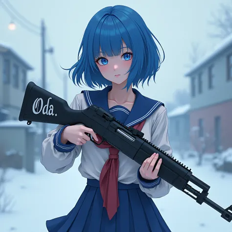  high image quality。Realistic Women。An adult in his 20s 。 blue hair 。 blue eyes。 short hair to be shouldered。Naughty schoolgirl。 blue miniskirt。The background is a winter sky 。 has a rifle and it says ODA。