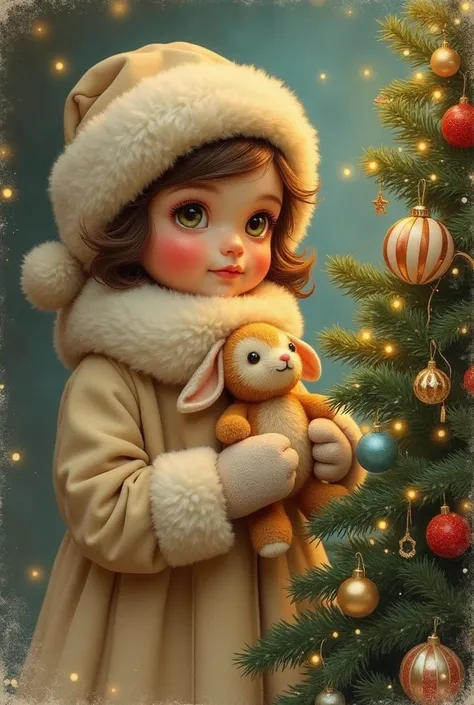 Retro postcard with a girl near the Christmas tree. A girl in a fur coat, scarf, mittens, hat with fur down. Expressive eyes and with ruddy cheeks, looking at the tree with delight.  Fluffy Christmas tree decorated with toys in the style of the last centur...