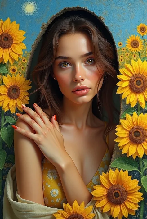 Beautiful brunette with golden cinnamon skin, about 25 years old, coming out of the painting of Van Goth showing her beautiful nails with sunflowers coming out of a sunflower garden.