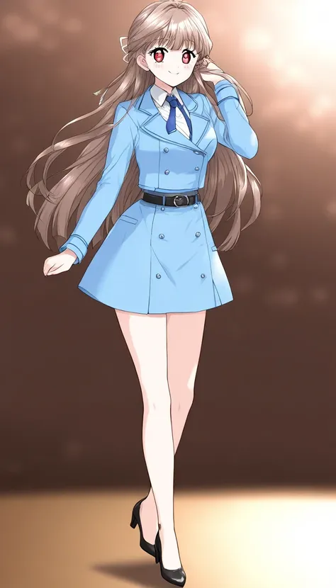 masterpiece、 top quality、Good quality、Love Minami、1 Girl、solo、 long hair on background、Brown Hair、 red eyes、bangs、smile、 full body style that reflects your whole body、Normal milk、 narrow waist 、Bare legs、 in a suit、Light blue jacket, collared shirt 、 white...