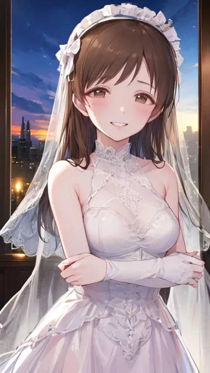 Highest quality、high resolution、High definition、HD、((A luxury hotel room、Indirect lighting、Late Night))、(((Nitta Minami)))、Long Hair、Medium chest、Brown Hair、Brown eyes、(((Grin))), Glossy lips、Glowing Skin、Realistic skin texture、(((chiffon lingerie, frilly ...