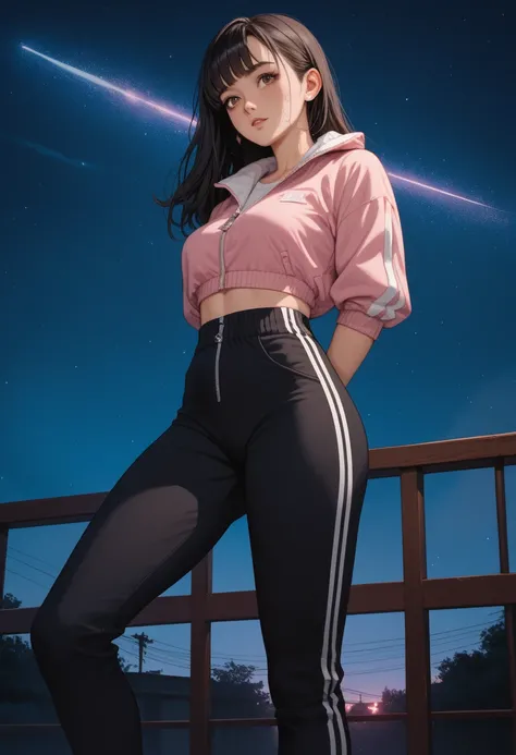 Long straightened black hair with bangs, thin arc eyebrowed, brown eyed, small nosed, full lipped, shaped faced, grinning lady wears pink sweat top, black trackpants with view skyscrapers at night, dark sky view, body view she is looking to front, angled f...