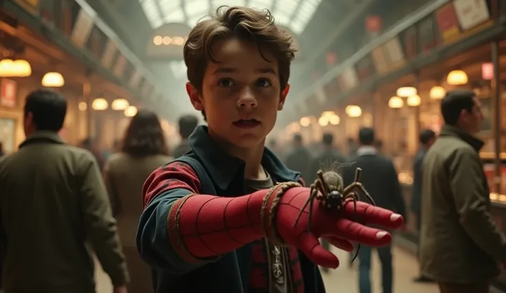 The camera zooms in on Peter as he passes by a science exhibition where a radioactive spider bites his hand. The image should have a classic cinematic look, with warm sepia tones and a slight film grain