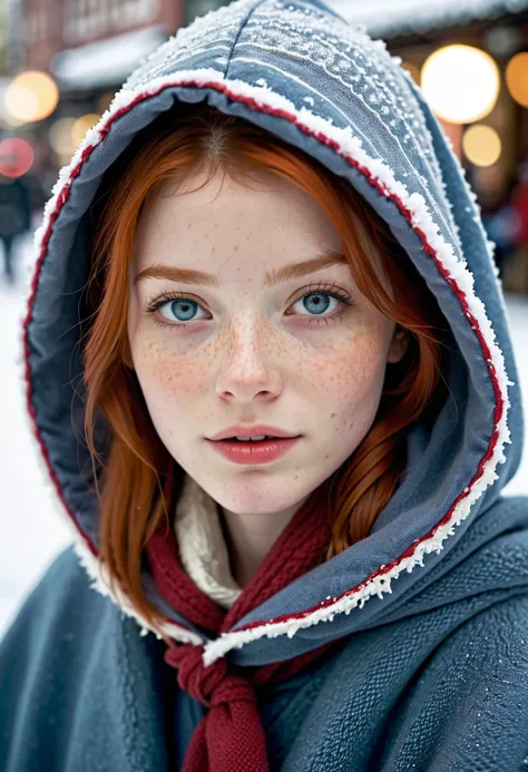  photo of a cute adult girl , redhair,  pale skin , freckles,  red , innocent,  and a young face ,  blue-gray eyes ,  in a cloak ,  city Christmas festival , snowfall, Porta 160 color , shot on ARRI ALEXA 65, hips, spicy focus on subject,  shot by Don McCu...