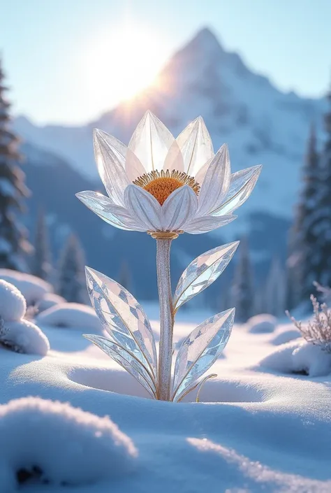 Create me a flower made in crystal or glass in snow with a sun view behind a mountain in snow