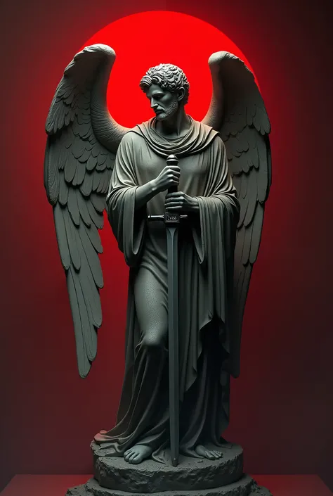 Change it to a statue of a man angel holding a sword, and make it more realistic quality, and make the picture being taken from the side. Make sure the background is dark red and darker in some places. The background shouldnt be very consistent in the colo...