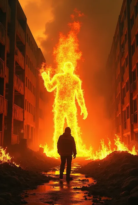 "An abandoned warehouse in the heart of a city is engulfed in flames, with fiery tendrils swirling and dancing as if alive. A firefighter, Krzysztof, enters the burning building, undeterred by the raging inferno. The fire forms a human-like figure, its fli...