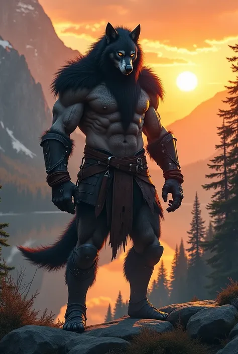  Create an epic scene with a werewolf warrior in a mountainous landscape at sunset . The impressive,  the muscular warrior wears detailed armor with leather and metal elements ,  that highlight his colossal arms and torso . His thick , Black hair.  His hea...