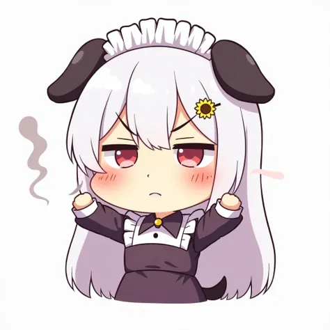 Create a pastel-colored cute female chibi, long white hair with a small sunflower hairpin, and small black floppy puppy ears, wearing a dark purple french maid outfit. The character should have a facial expression of frustrated anger. The eyes are closed t...