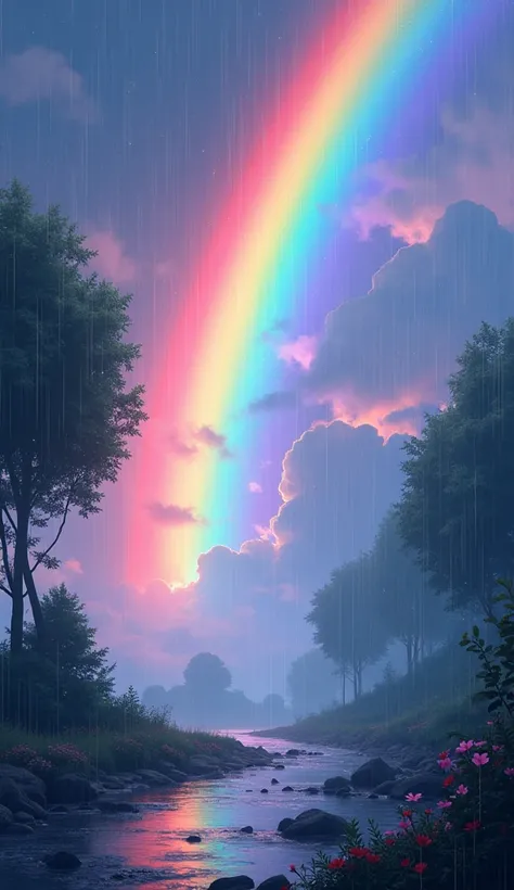 Generate a captivating image of stunning anime-style rainbows, devoid of any humans but radiating with vibrant beauty. Elevate the images quality by intensifying the brilliance and clarity of the rainbows colors, making them come alive with a dreamlike glo...