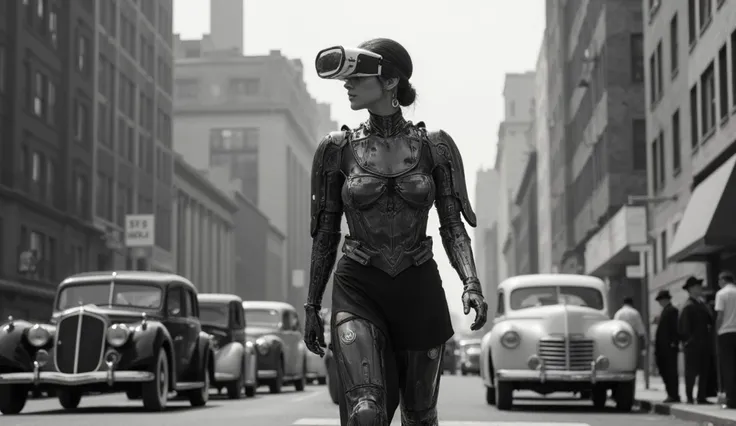 High quality photo. Hyperrealistic. 16K. Low angle. Retro. New York, 1930. Super-technological, half-woman, half-robot, walking down the street at full height. She has plastic armor on her head and virtual reality glasses. The robot is about 2 meters talle...