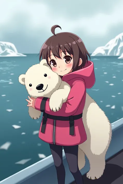 The image shows a girl standing on a boat, holding a baby polar bear in her arms. The girl is wearing an pink life jacket and has a brown anime hairs. She is smiling and looking at the camera. The background shows the ocean and icebergs, suggesting that th...