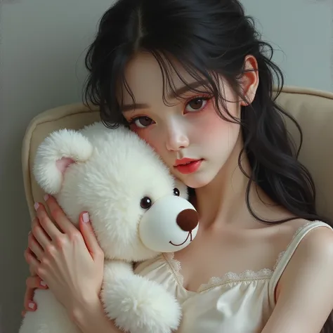 a woman holds a white teddy bear with her arms around her chest, a photorealistic painting, Artdoll, dollfie dream, wlop glossy skin, bjd, sleeping　 sitting on a chair 