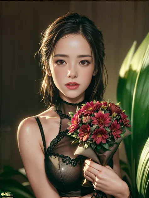 ( best quality,4K,8k, high definition ,  Masterpiece :1.2), Ultra Detailed ,(Realistic,photoRealistic,photo-Realistic:1.37),Rough,High contrast, Vintage Style , retro atmosphere ,Dark Background,Bright flowers々,Beautiful woman holding a bouquet of flowers 