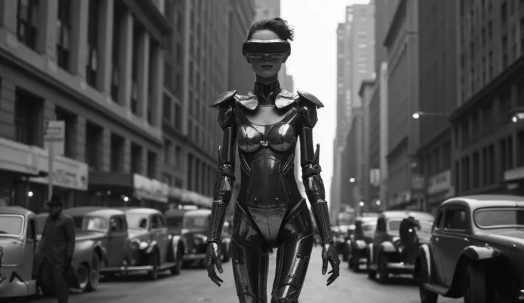 High quality photo. Hyperrealistic. 16K. Low angle. Retro. New York, 1930. Super-technological, half-woman, half-robot, walking down the street at full height. She has plastic armor on her head and virtual reality glasses. The robot is about 2 meters talle...